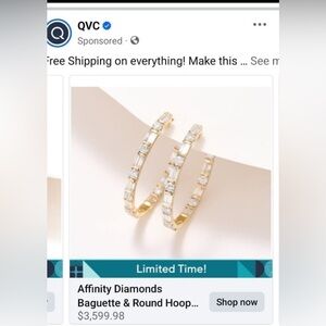 QVC Affinity Diamonds Baguette & Round 3 cttw. Hoops inside outside Earrings 14k